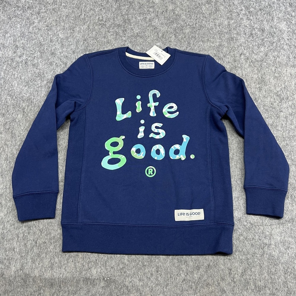 Life Is Good Sweatshirt Boys M Blue Simply True Crew Graphic Fleece Pullover Kid